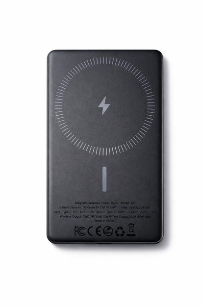 Super-thin 8 mm Aluminium Powerbank - 5000mAh Magnetic Wireless powerbank, light wight, sleek, 15 watt fast charging support