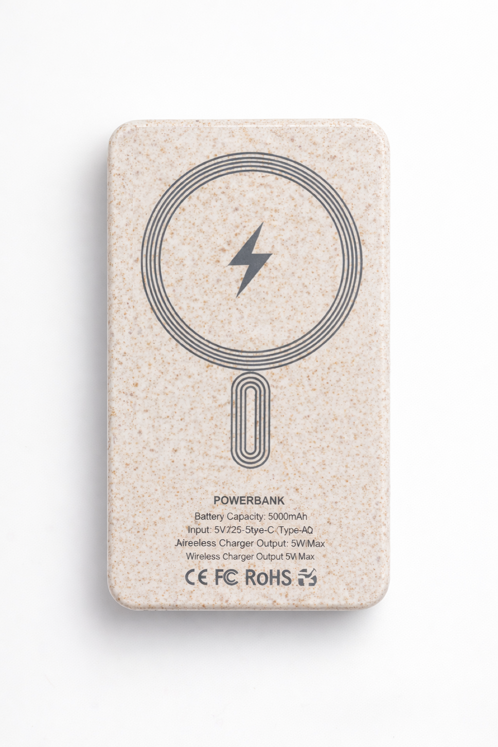 Bioplastic Wireless power bank with lightning bolt symbol on a white background
