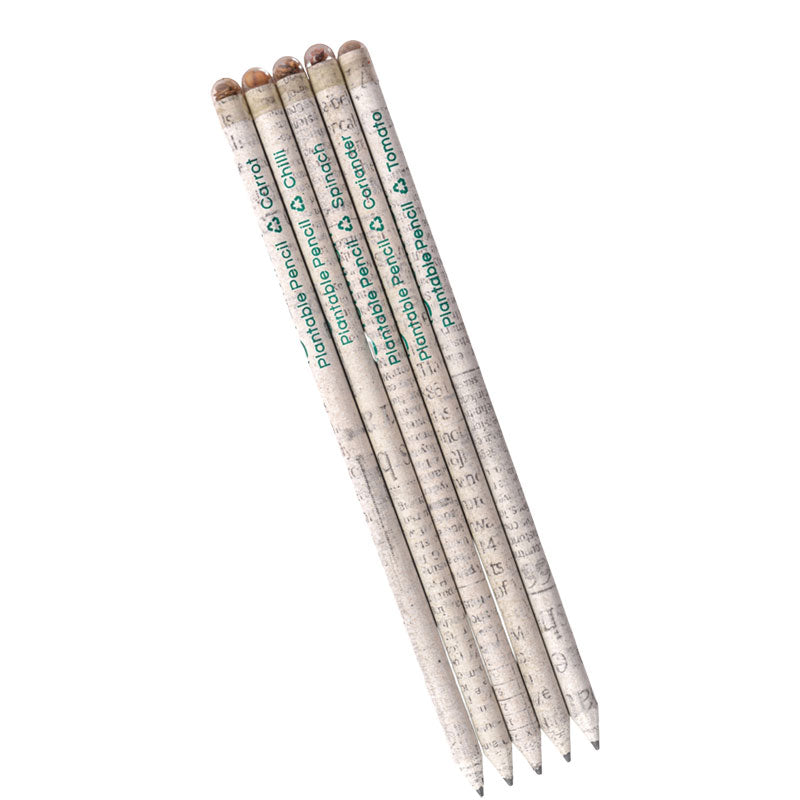 Six recycled paper pencils with green text reading 'renewable paper' and 'renewable energy' on a plain white background.