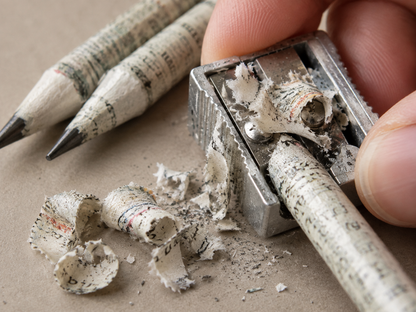 A close-up of a hand using a metal pencil sharpener to sharpen a pencil, with other pencils and shavings scattered on a beige surface.