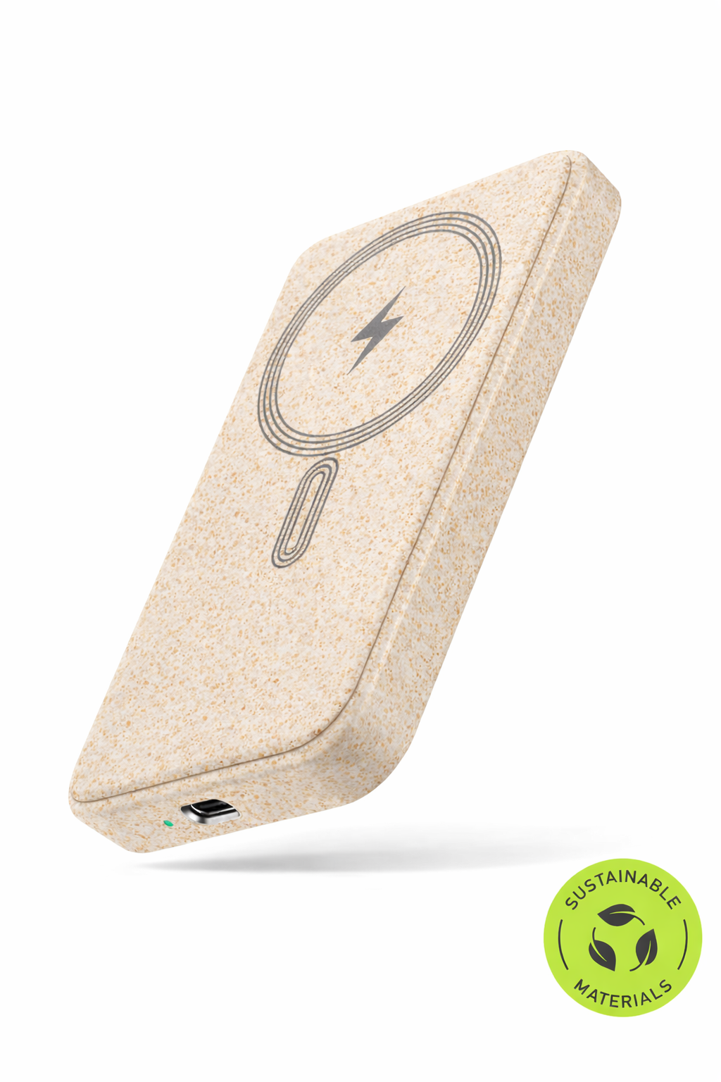 Wheat straw wireless powerbank with a lightning bolt symbol on a white background, featuring a 'Sustainable Materials' label.
